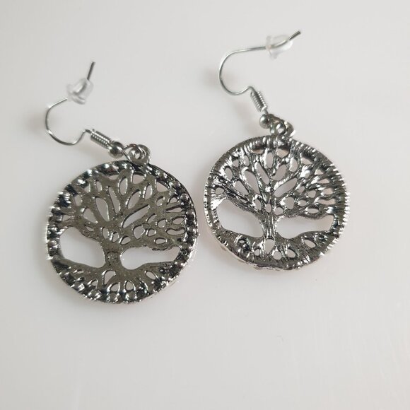 Tree Of Life Dangle Earrings With Pink Beaded Trim & Stainless Steel Hooks - Picture 5 of 6